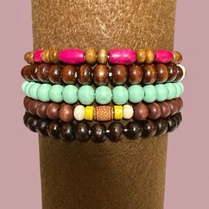 Boho Wooden Bead Bracelets - 5 Piece Set - Stacking Layering - Multicolor